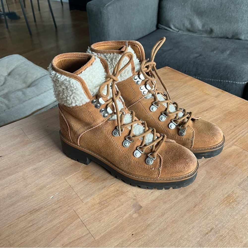 Marc Fisher Tan Lace-Up Boots with Faux Fur